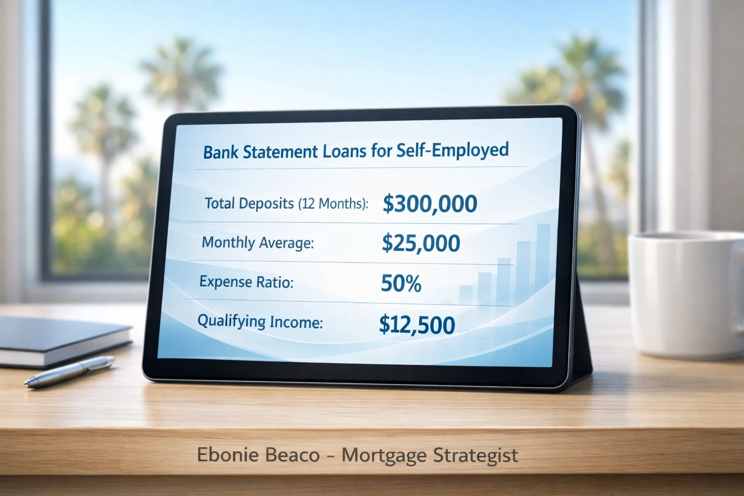 California bank statement loan income calculation for self-employed borrowers on a digital tablet.
