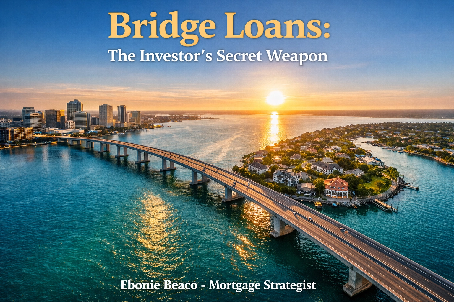 Scenic Virginia coastal bridge at sunrise representing bridge loans for property investment growth.