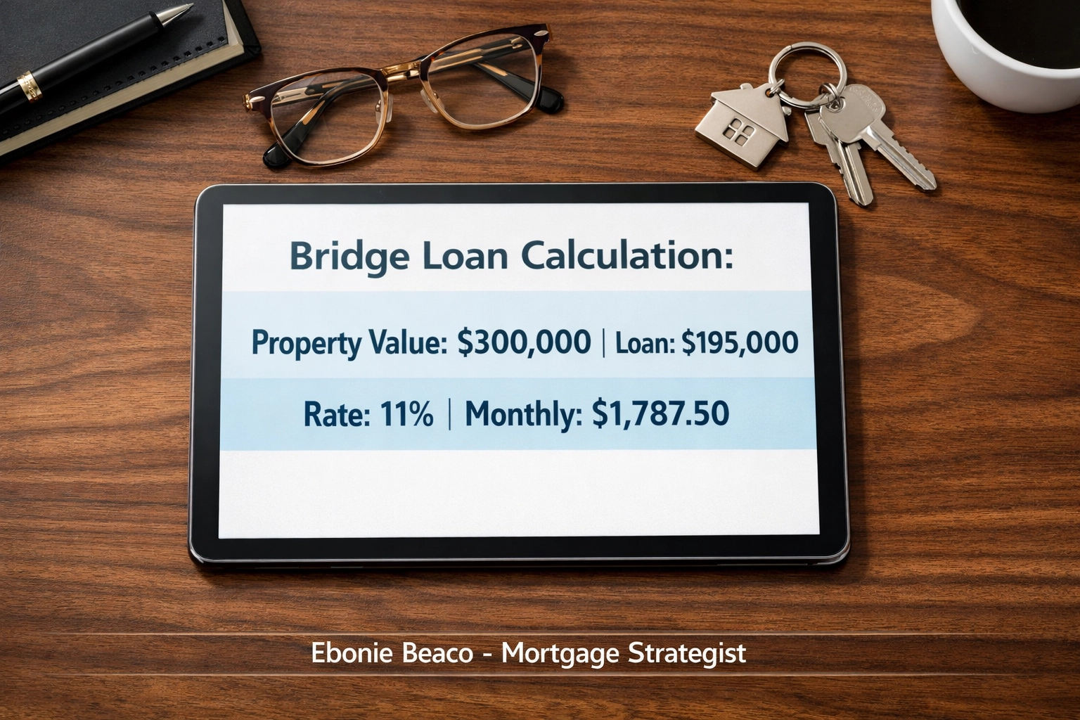 Financial calculation of a bridge loan for a $300,000 Virginia investment property on a tablet.