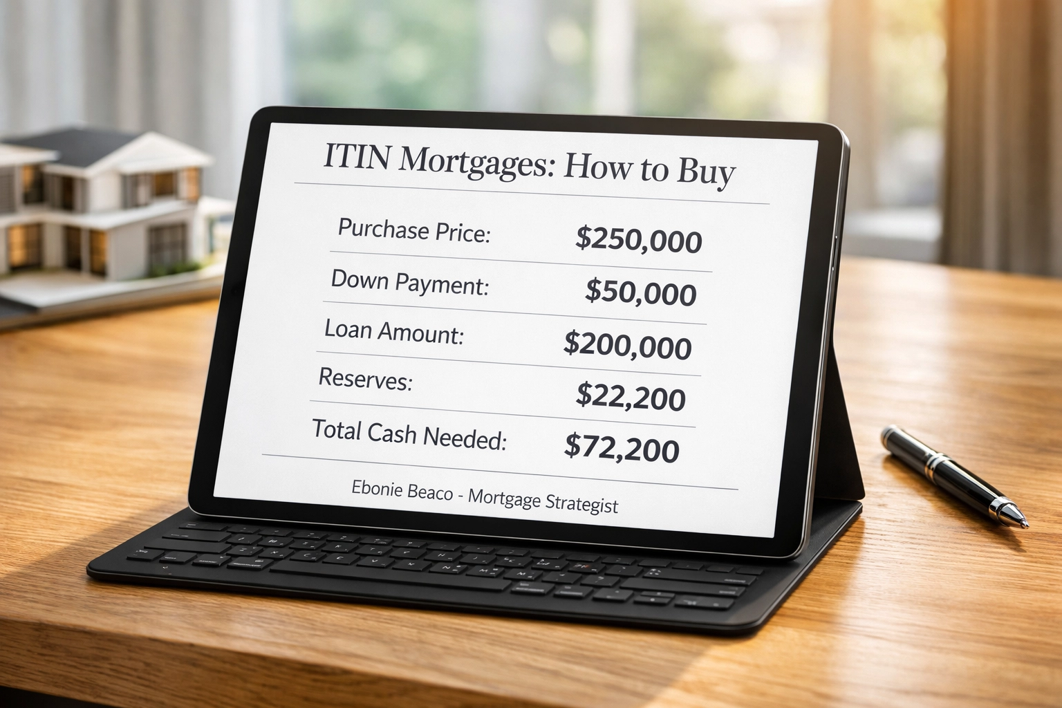 ITIN mortgage financing example in Indiana showing a $250k property purchase and 20% down payment.