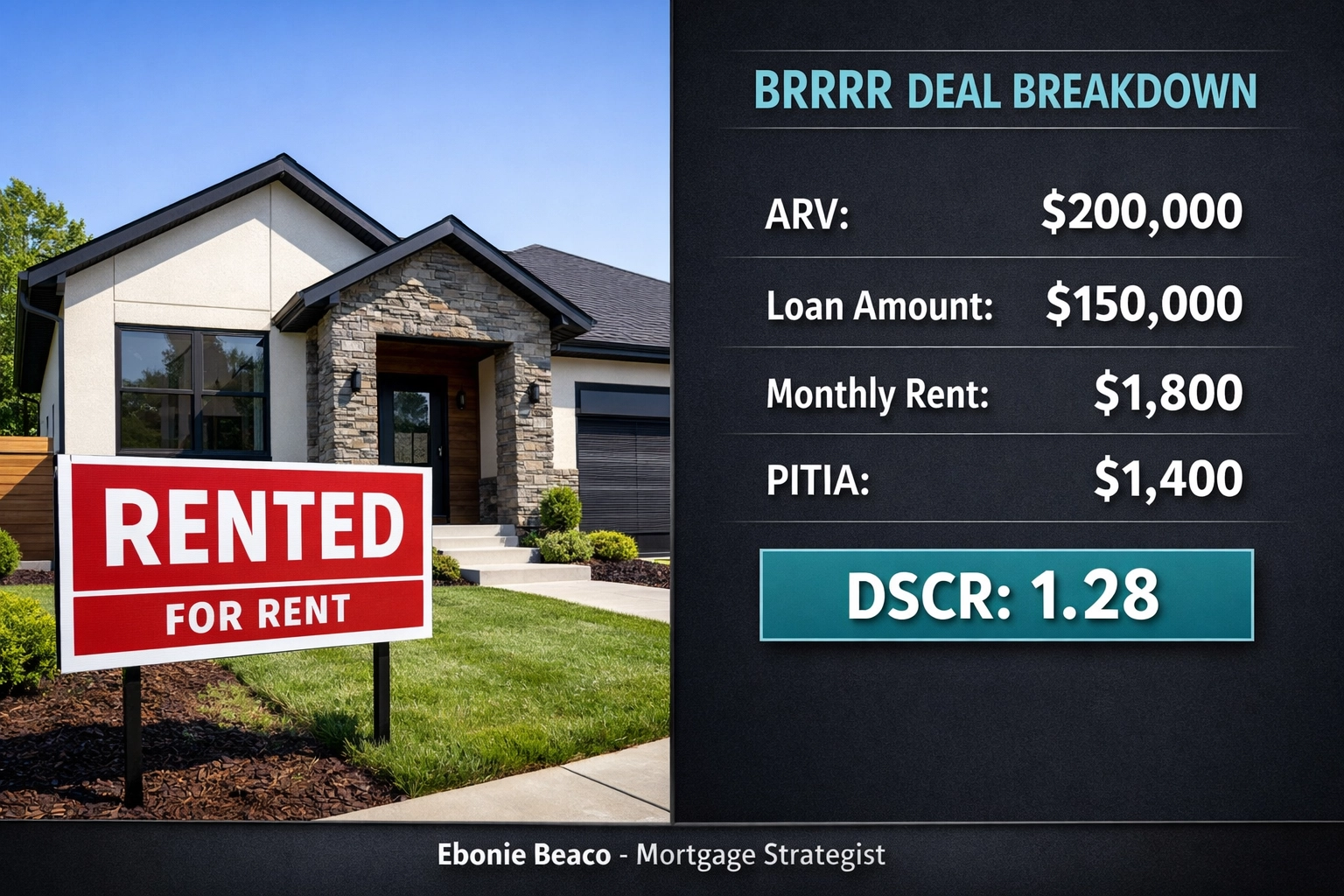 Infographic of a BRRRR method deal breakdown and DSCR refinance calculation for a rental property.