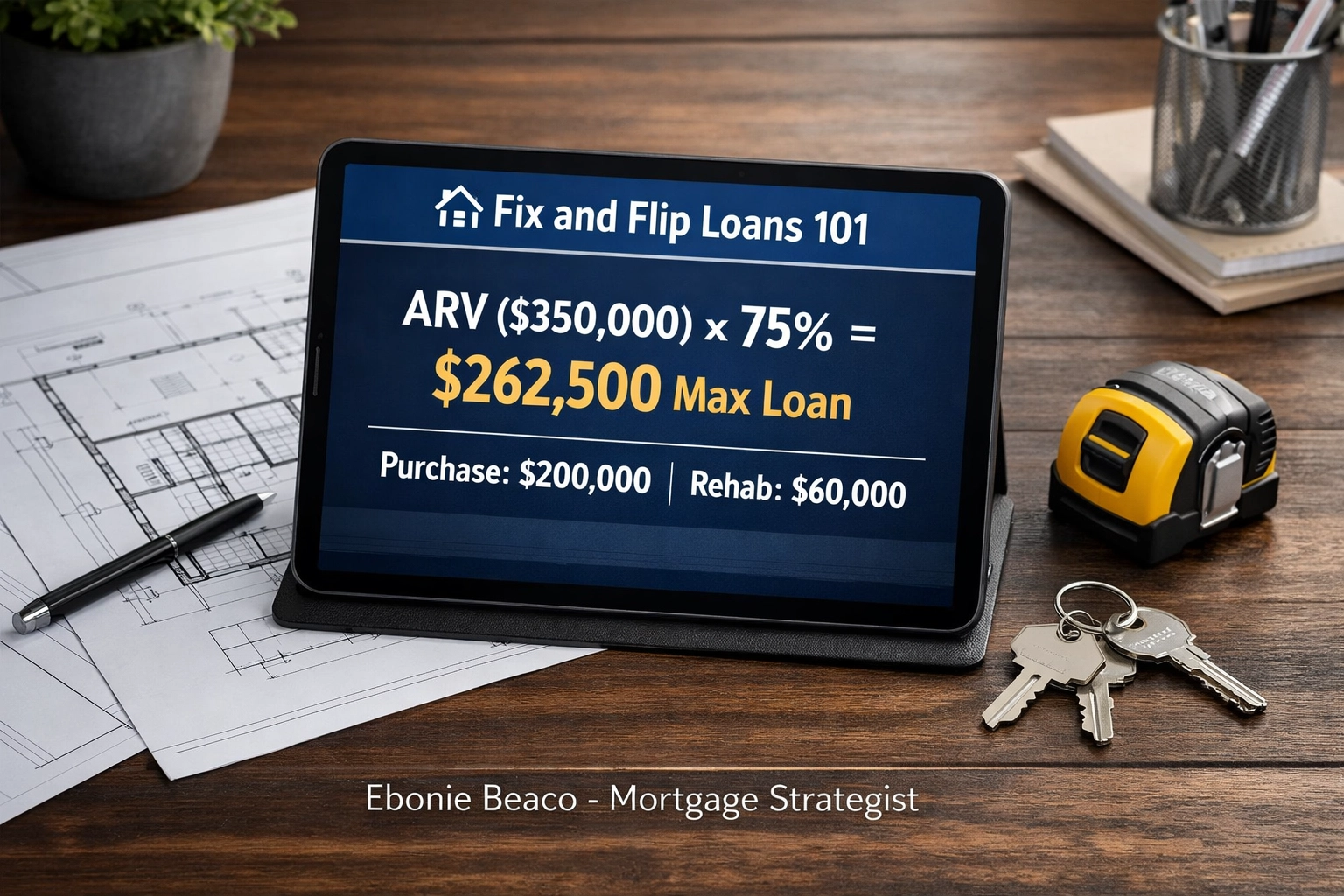 Financial breakdown for a fix and flip loan calculation showing ARV and maximum loan amount on a workspace desk.