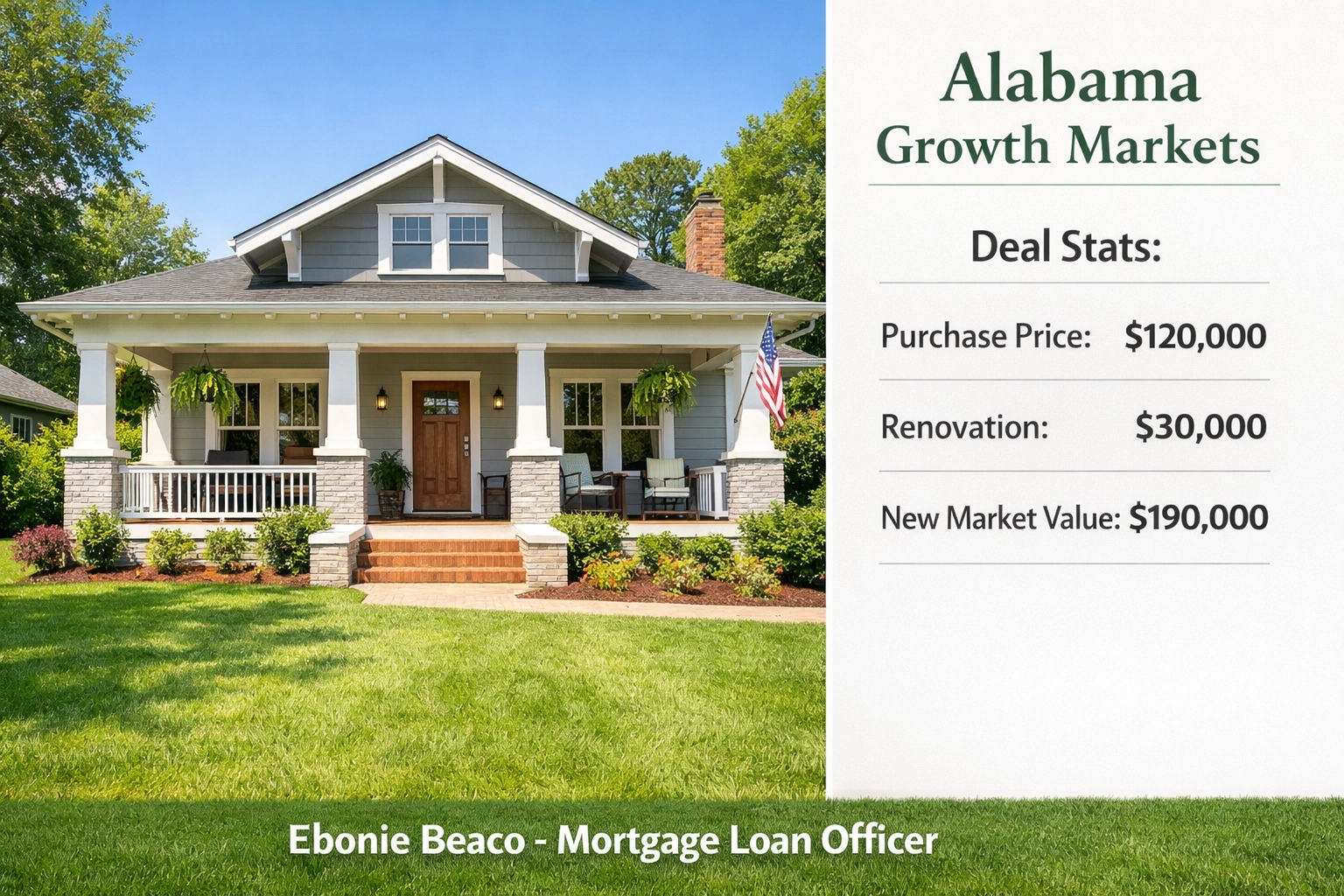 Renovated Alabama craftsman home with real estate investment deal stats for rental property growth markets.