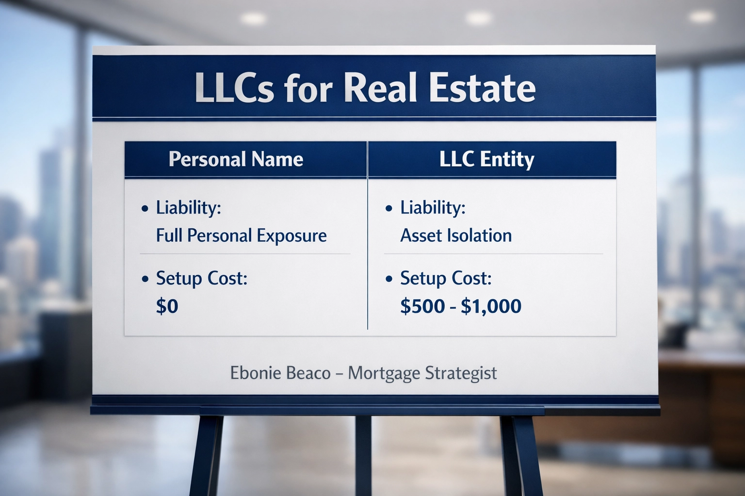 Comparison table of personal vs LLC real estate ownership benefits, highlighting liability protection and setup costs.