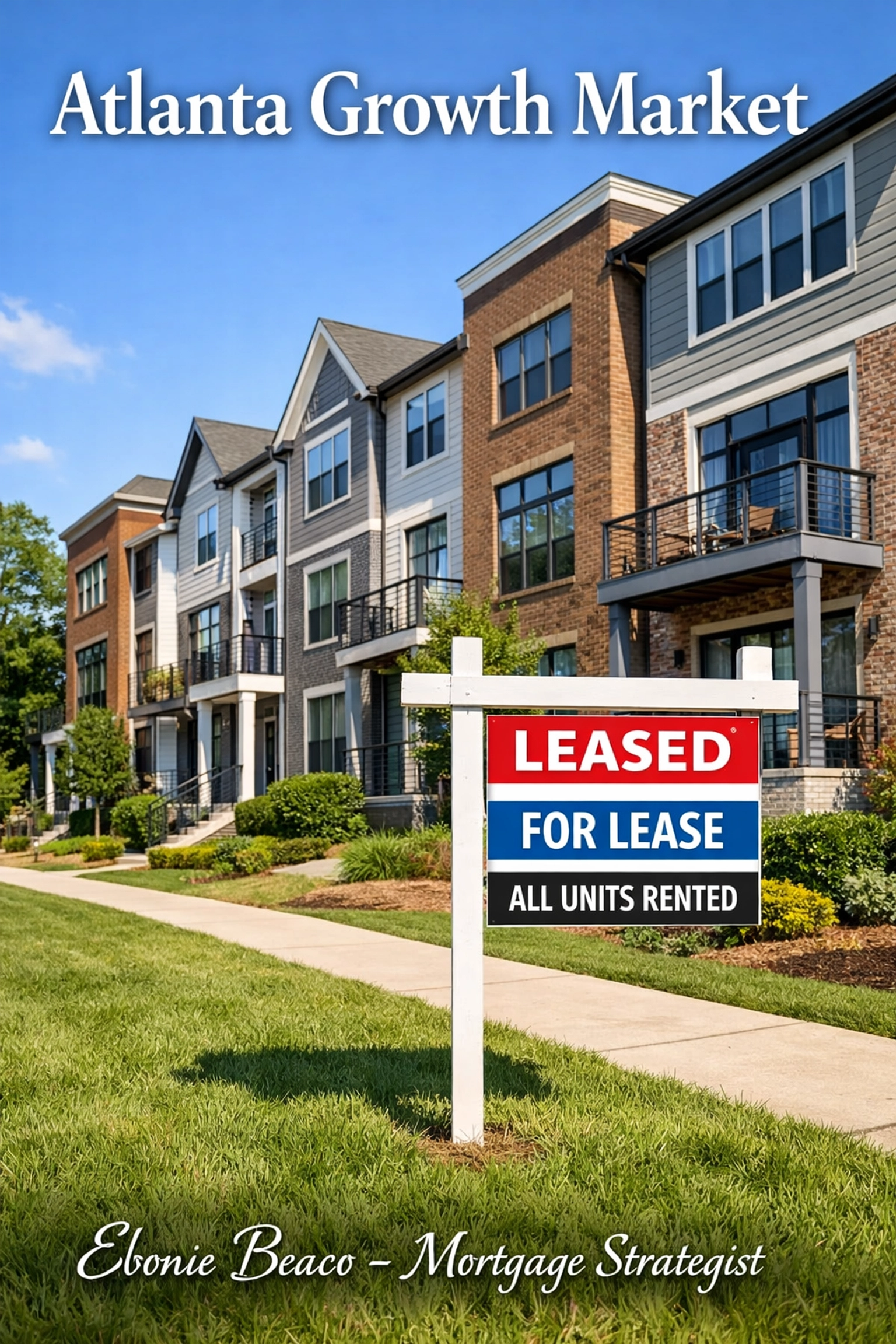 Modern Atlanta townhomes with a leased sign, illustrating high rental demand and low housing inventory.