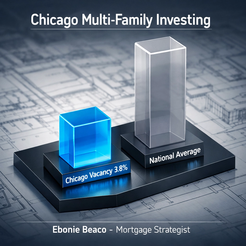 Graph comparing Chicago's low 3.8% vacancy rate to the national average for multi-family real estate stability.