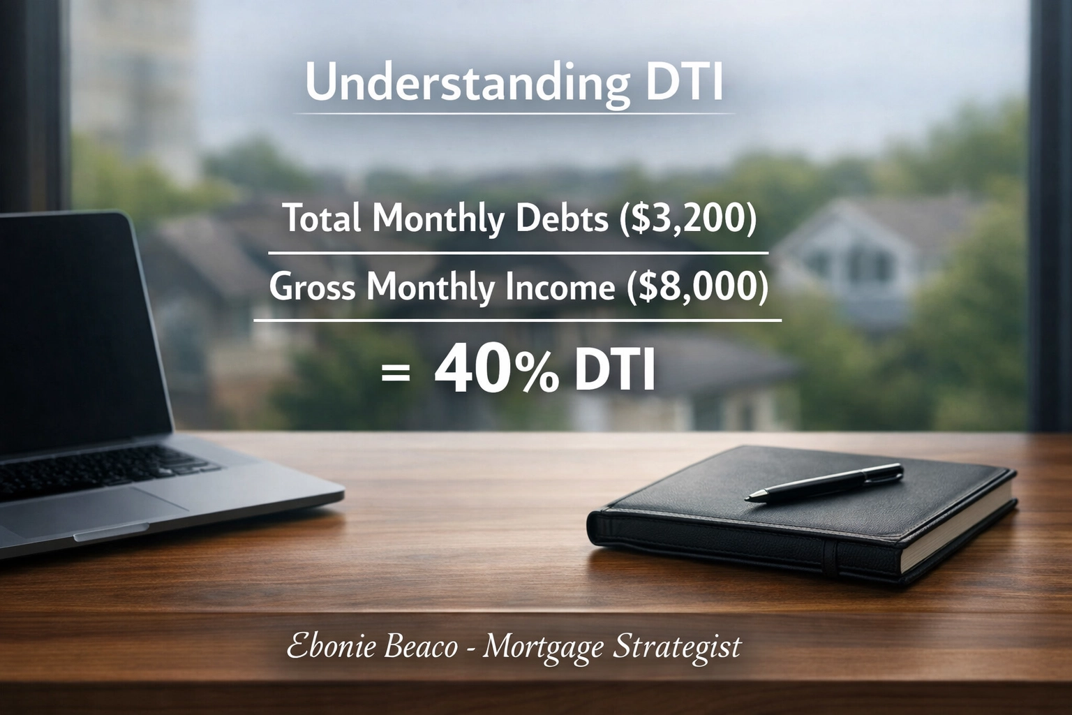 Mortgage DTI calculation graphic showing total monthly debts divided by gross income for loan eligibility.