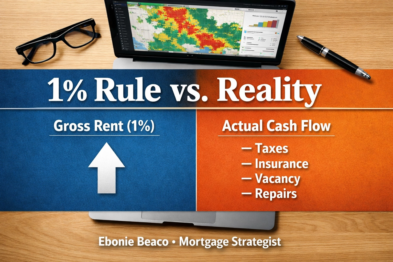 Infographic comparing gross rental income to actual cash flow after operating expenses.