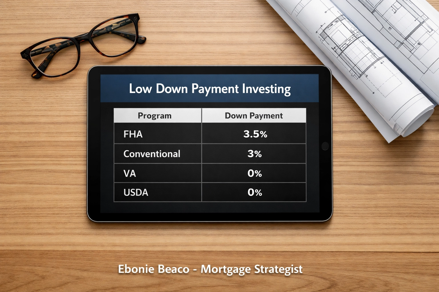 Mortgage loan comparison table showing low down payment options like FHA, VA, and USDA for investors.