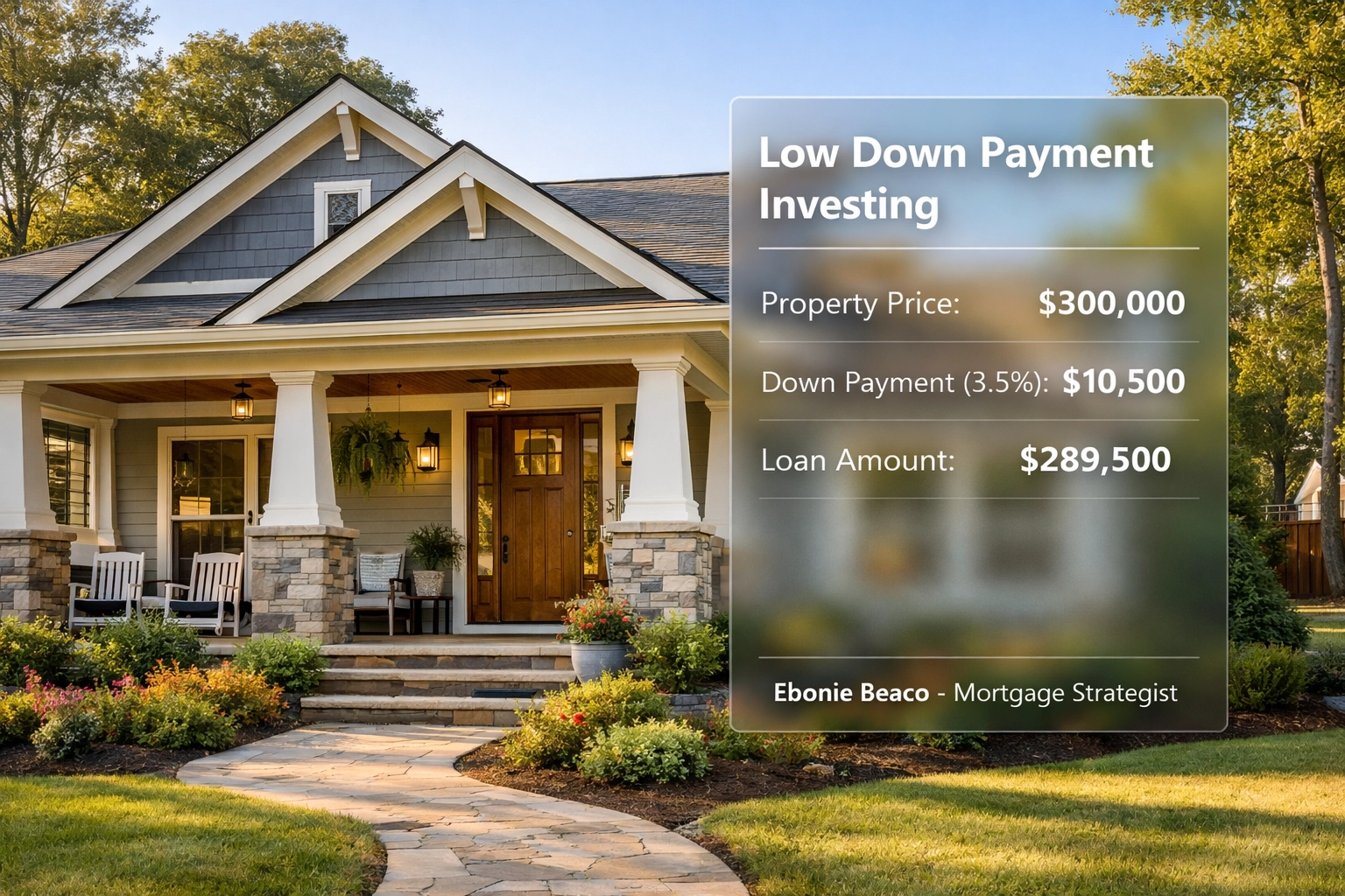 Financial breakdown of a 3.5% low down payment mortgage on a $300,000 craftsman-style house.