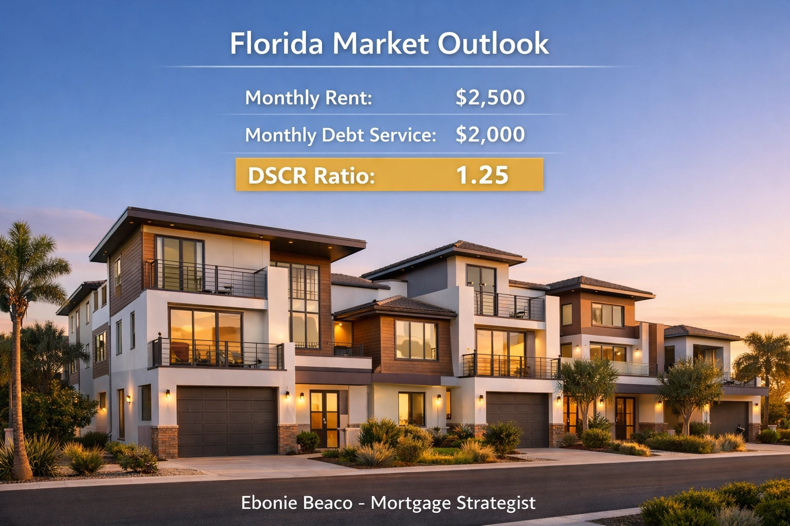 Florida multi-family investment property with a graphic showing a DSCR loan calculation for rental income.