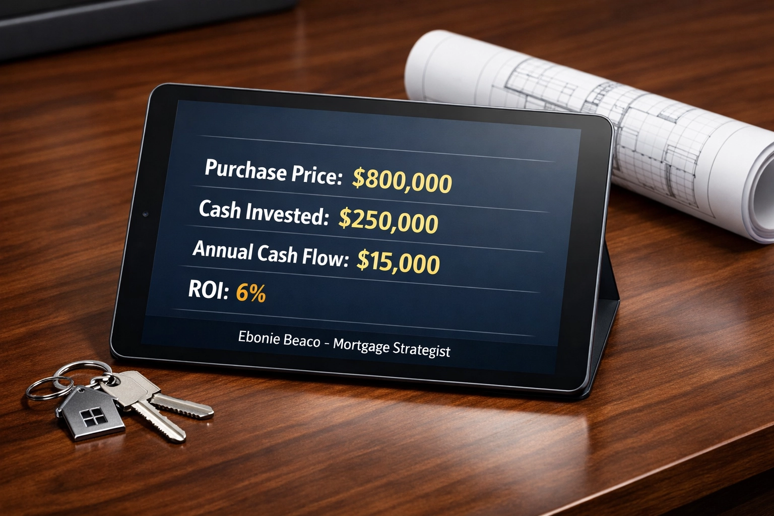 Digital tablet displaying ROI calculation and financial analysis for a California rental property investment deal.