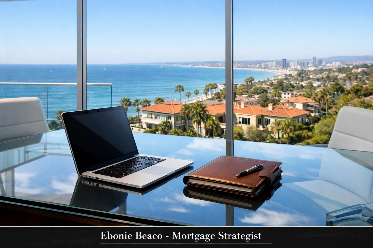 Sun-drenched office view of coastal California real estate and San Diego residential investment property planning.