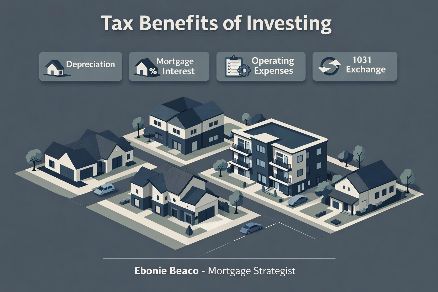 Infographic of residential properties illustrating tax benefits like 1031 exchange and interest deductions.