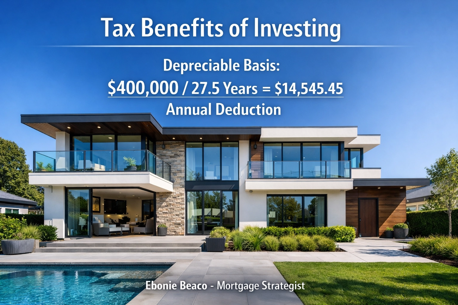 Rental property depreciation example calculating a $14,545 annual tax deduction for real estate investors.