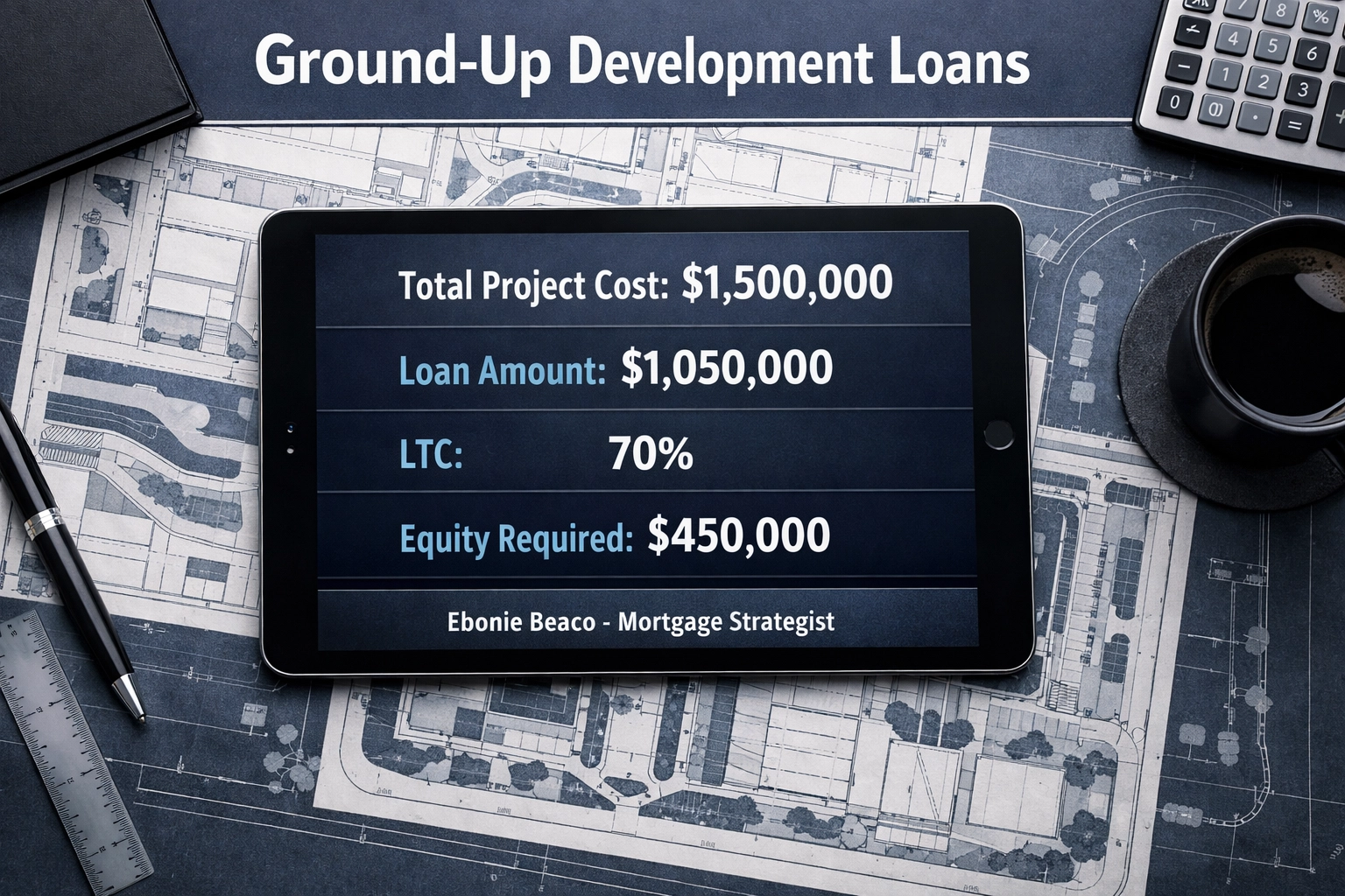 Digital chart showing a 70% Loan-to-Cost calculation for financing new construction projects from scratch.