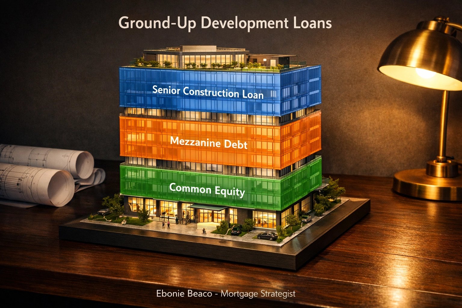 Architectural diagram of a capital stack showing senior debt and equity layers for new construction loans.