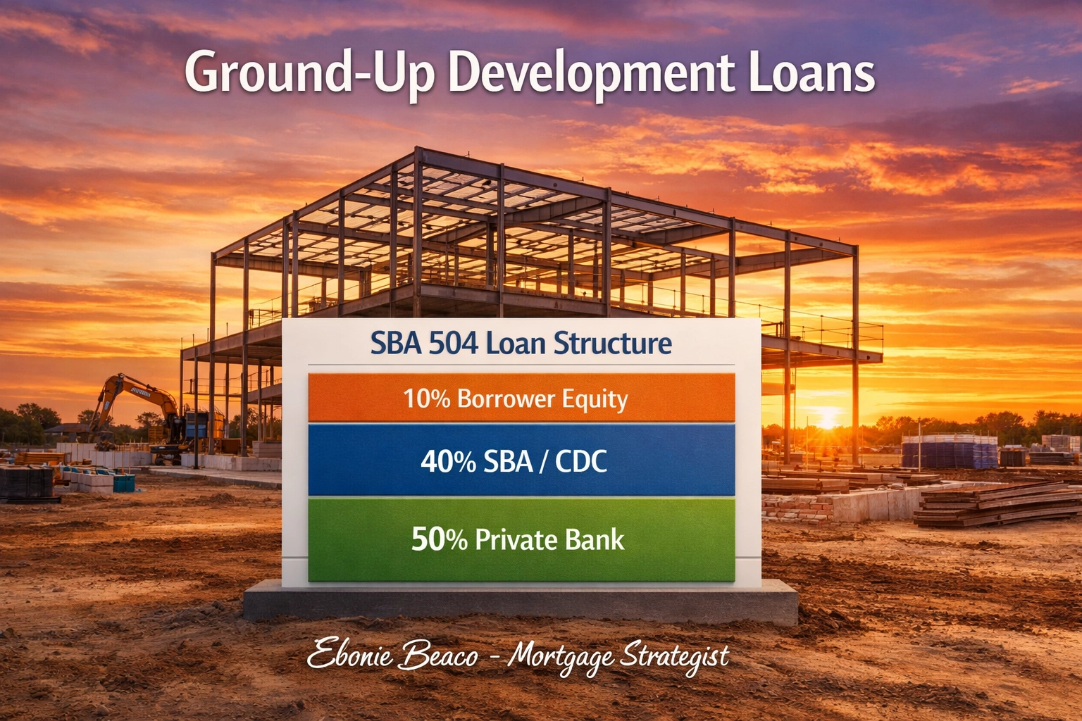 Infographic of the 50-40-10 SBA 504 loan structure for commercial ground-up development financing.