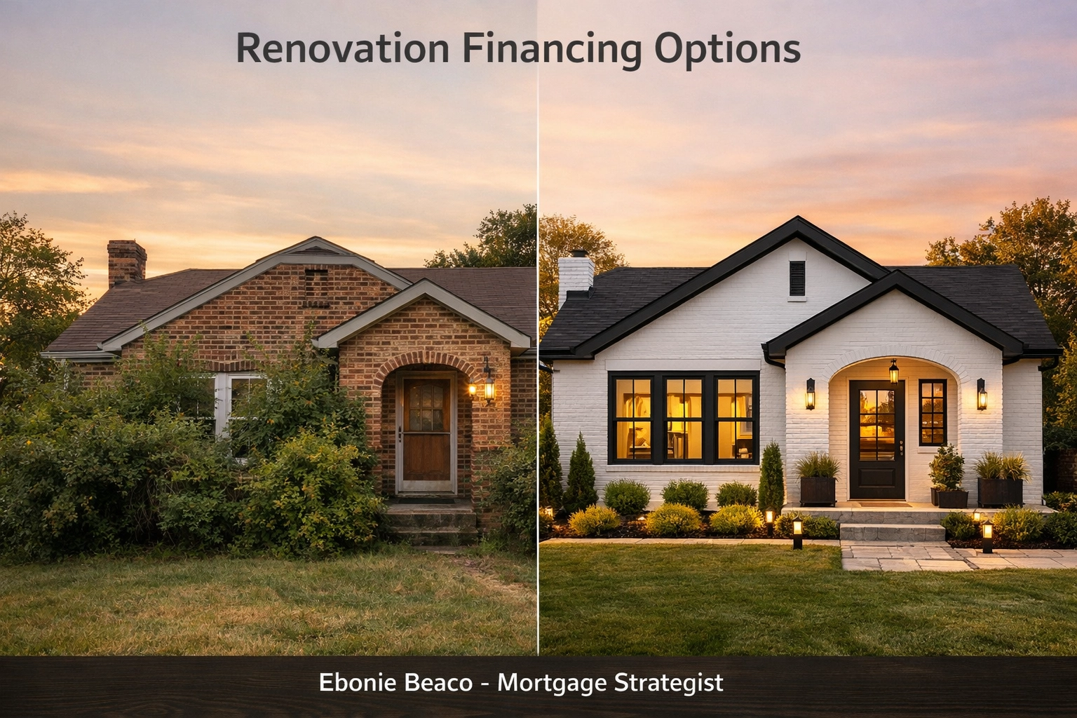 Before and after home renovation showing transformation financed by Ebonie Beaco Mortgage Strategist.