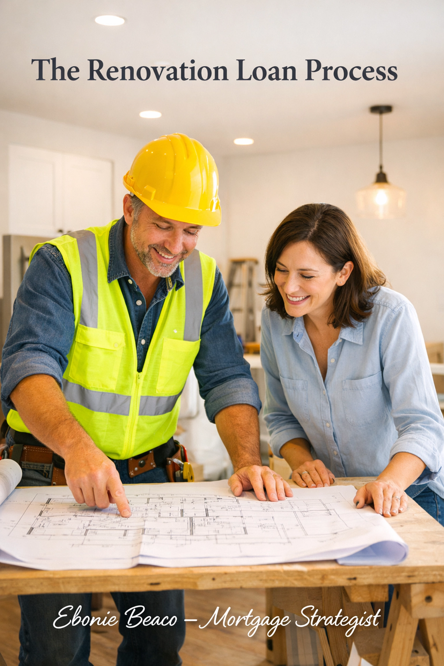 Homeowner and contractor reviewing blueprints for the renovation loan and construction process.