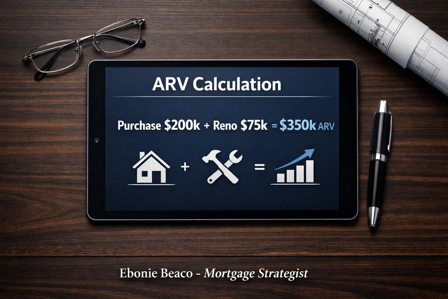 ARV calculation infographic showing purchase price and renovation costs for real estate investing.