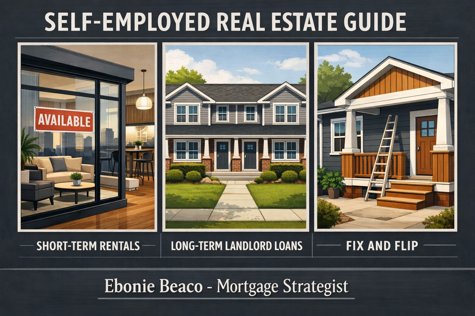 Illustration of real estate investment strategies including short-term rentals, landlord loans, and fix and flip.