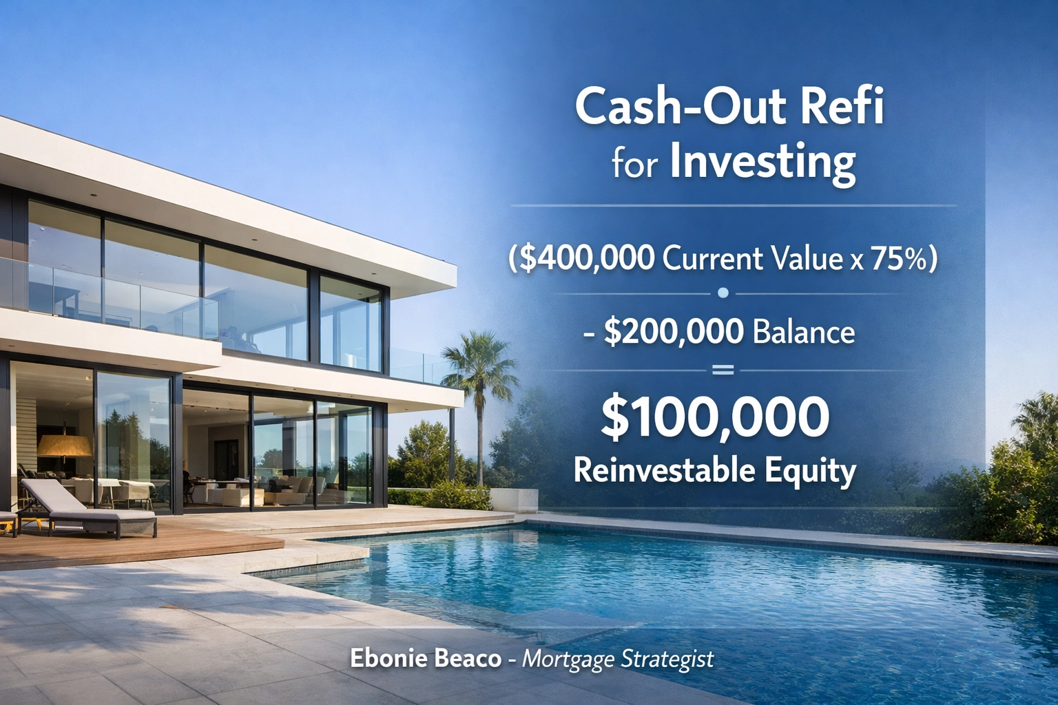 Real estate investment graphic showing a cash-out refinance calculation for accessing home equity.