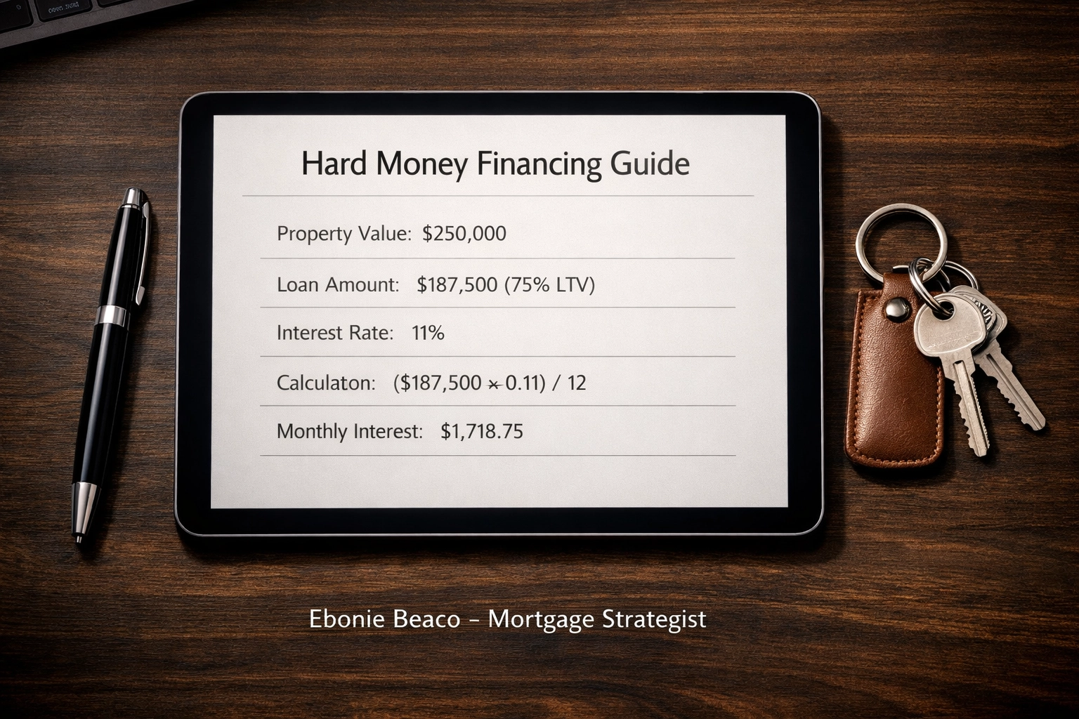 Hard money financing guide showing interest-only payment calculations for a real estate investment loan.