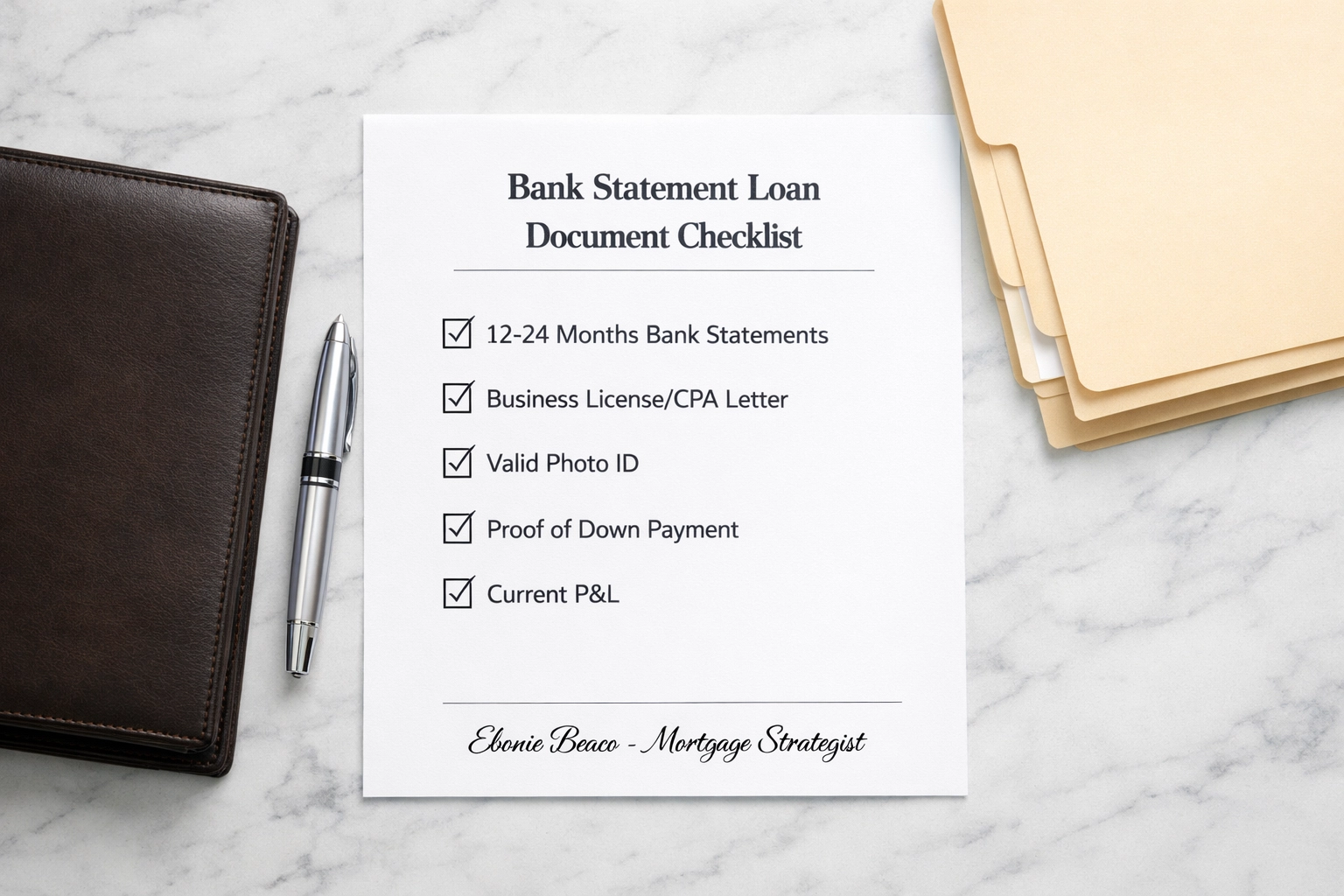 Checklist of documents required for a bank statement mortgage including business licenses and statements.