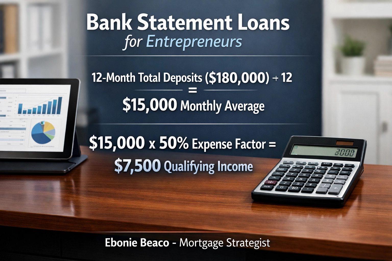 Infographic showing self-employed mortgage income calculation using 12 months of bank deposits.