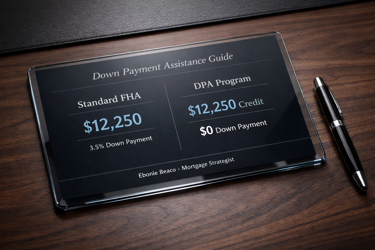 Down payment assistance guide showing a zero dollar down payment calculation for an FHA home loan.