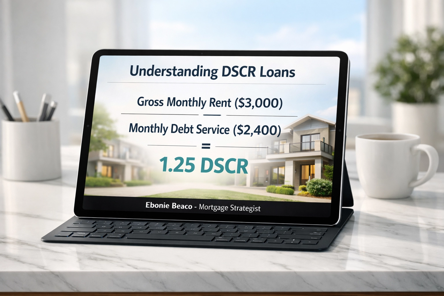 DSCR loan calculation infographic showing monthly rental income divided by debt service to reach a 1.25 ratio.