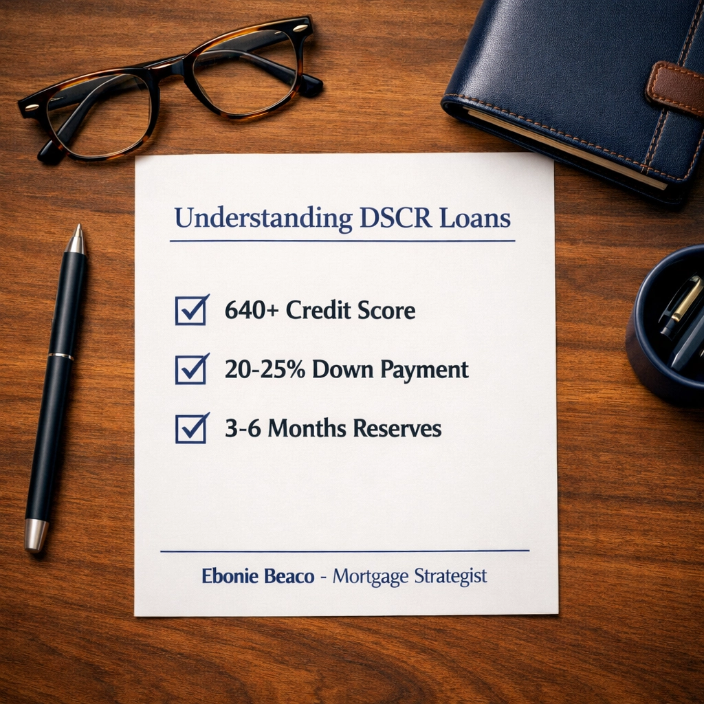 Investor checklist for DSCR loan qualification showing credit score, down payment, and reserve requirements.