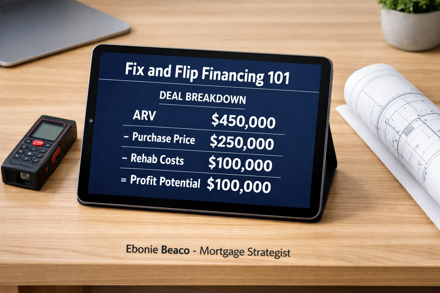 Fix and flip financing infographic showing a profit potential calculation for real estate investment projects.