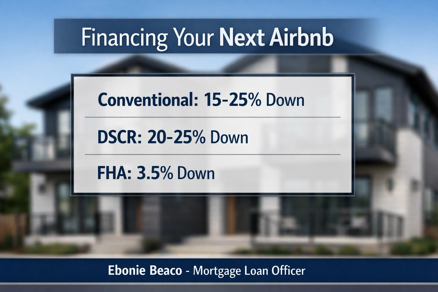 Comparison chart of Airbnb loan types showing down payment requirements for Conventional, DSCR, and FHA loans.