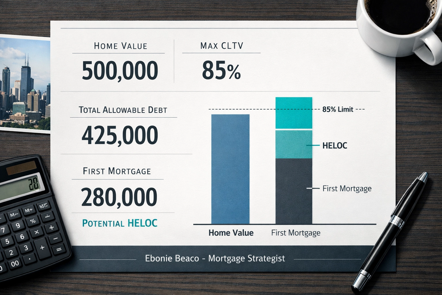 Financial chart showing a HELOC calculation to unlock $145,000 in home equity while keeping a low mortgage rate.