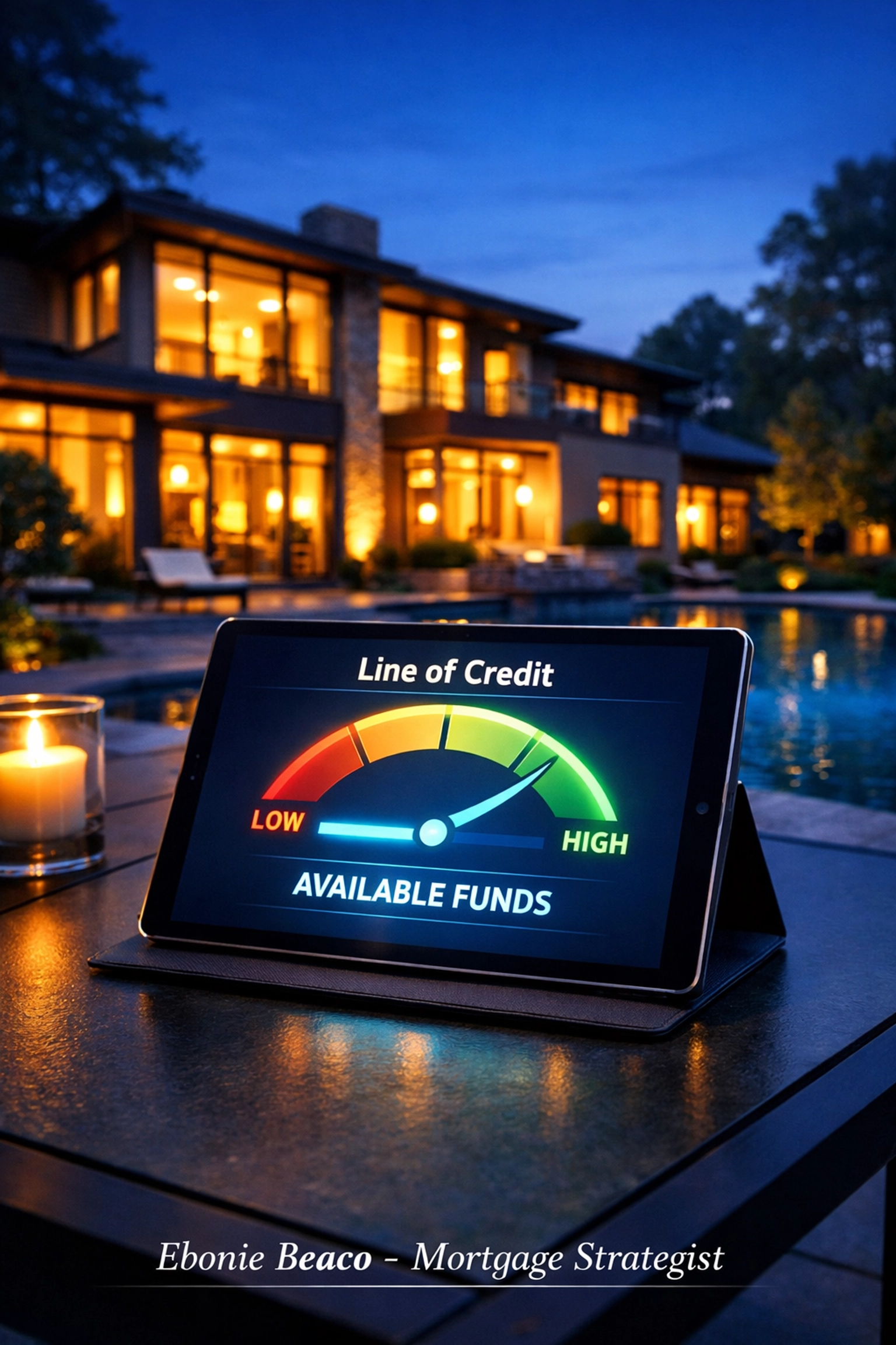 Contemporary Georgia home with a tablet showing available home equity line of credit funds.