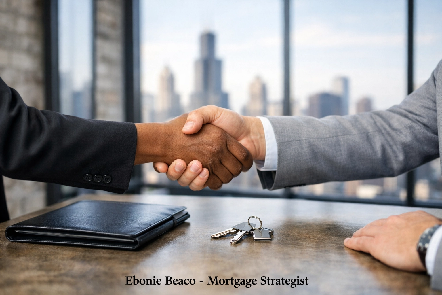 Real estate investor and wholesaler shaking hands to finalize an assignment of contract in a Chicago office.