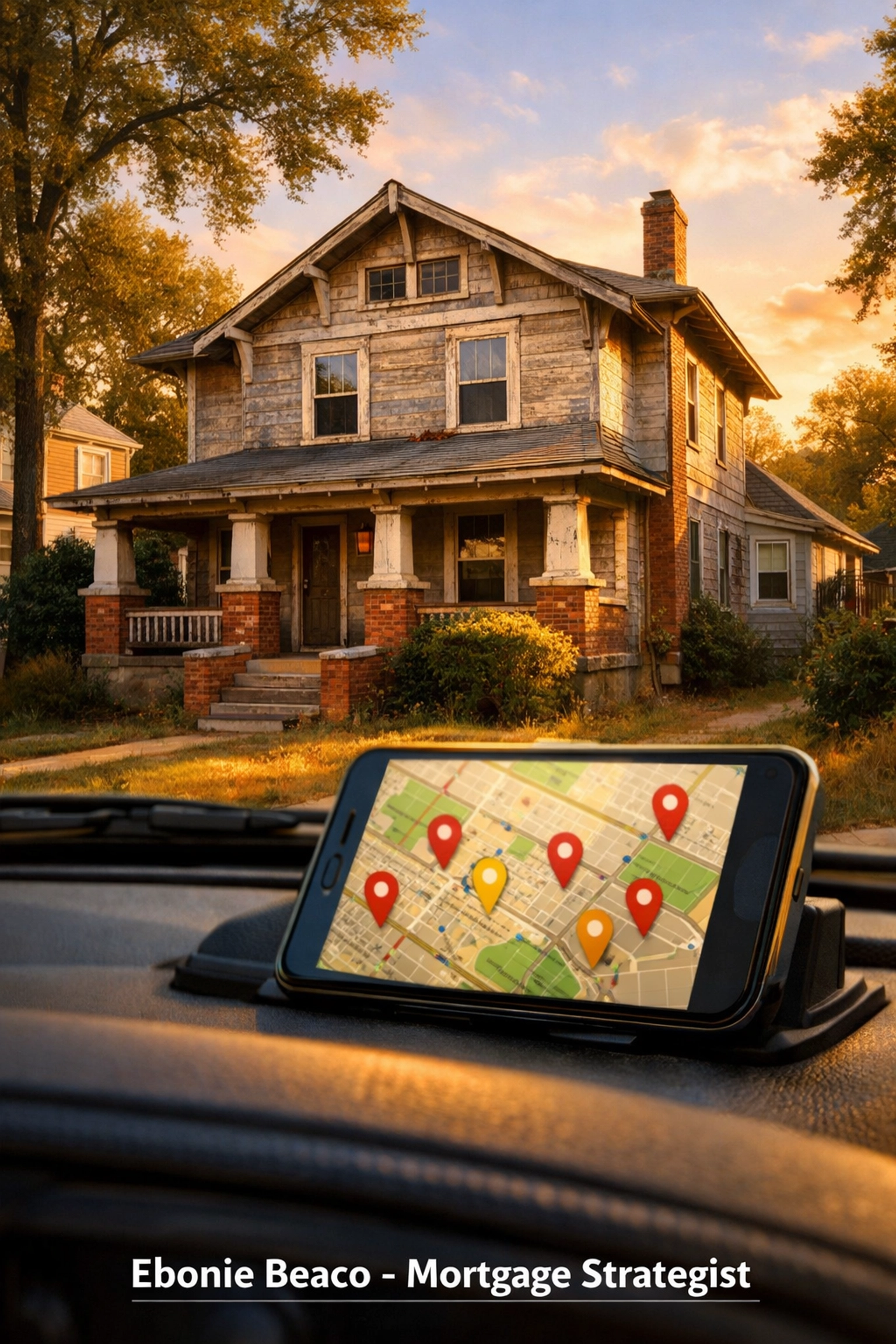 Real estate wholesaler using a smartphone map to find distressed investment properties in an Atlanta neighborhood.