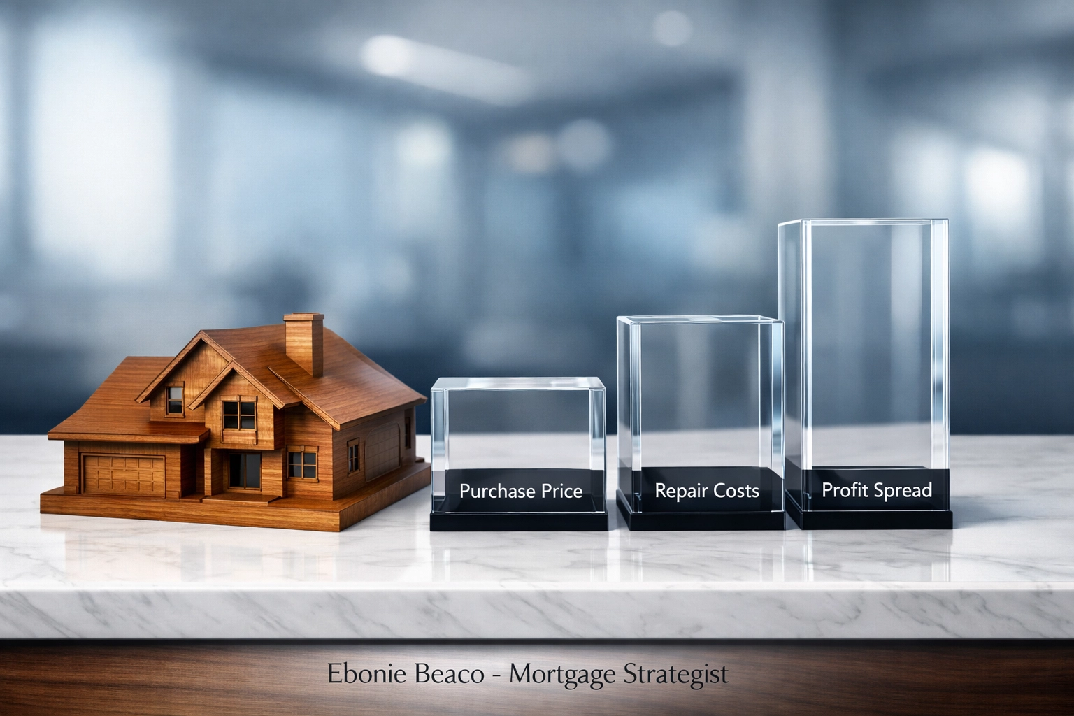 Financial breakdown of a real estate wholesale deal showing purchase price, repair costs, and assignment fee profit.