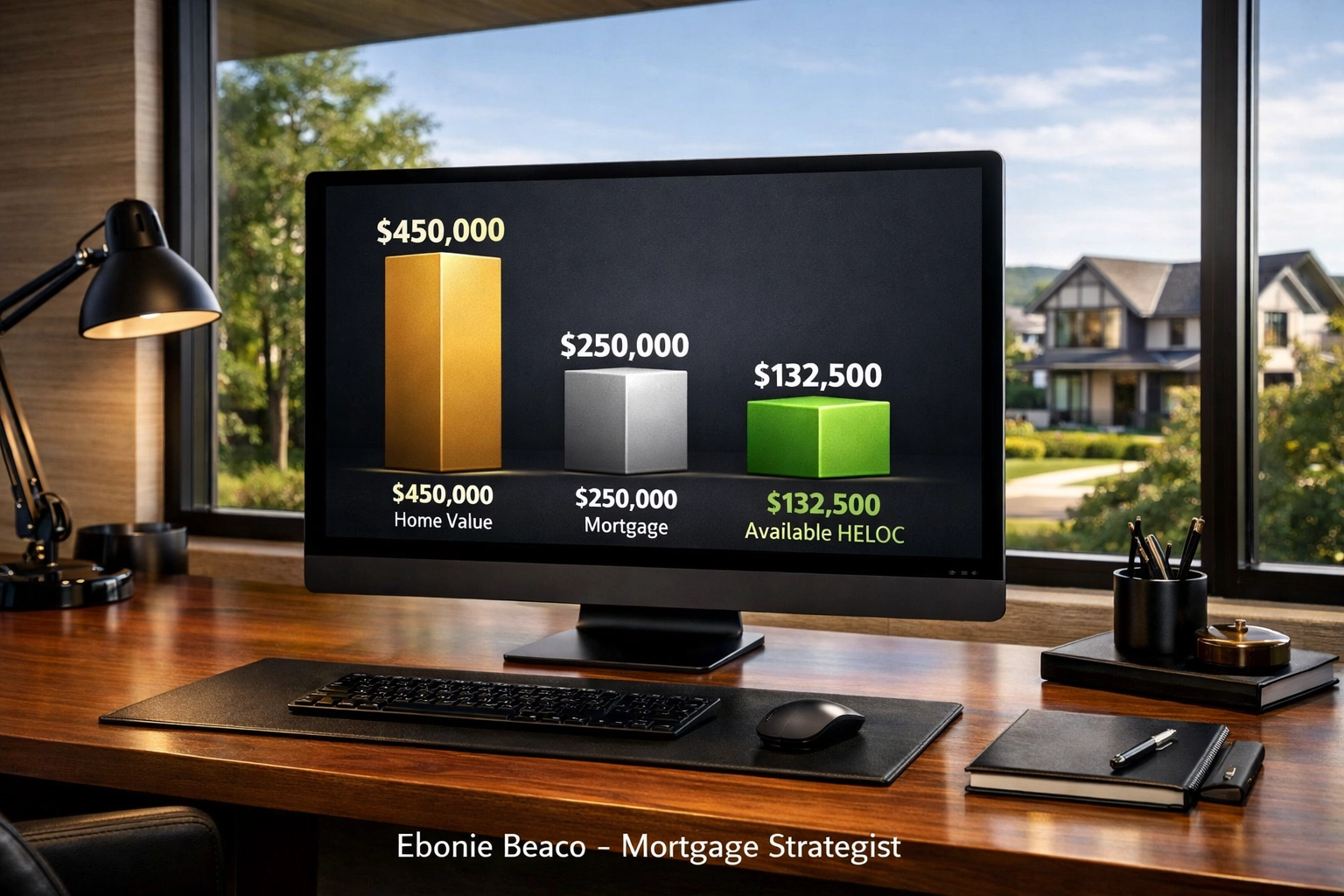 Chart calculating home equity for an Indiana HELOC lender showing available funds for a property renovation.