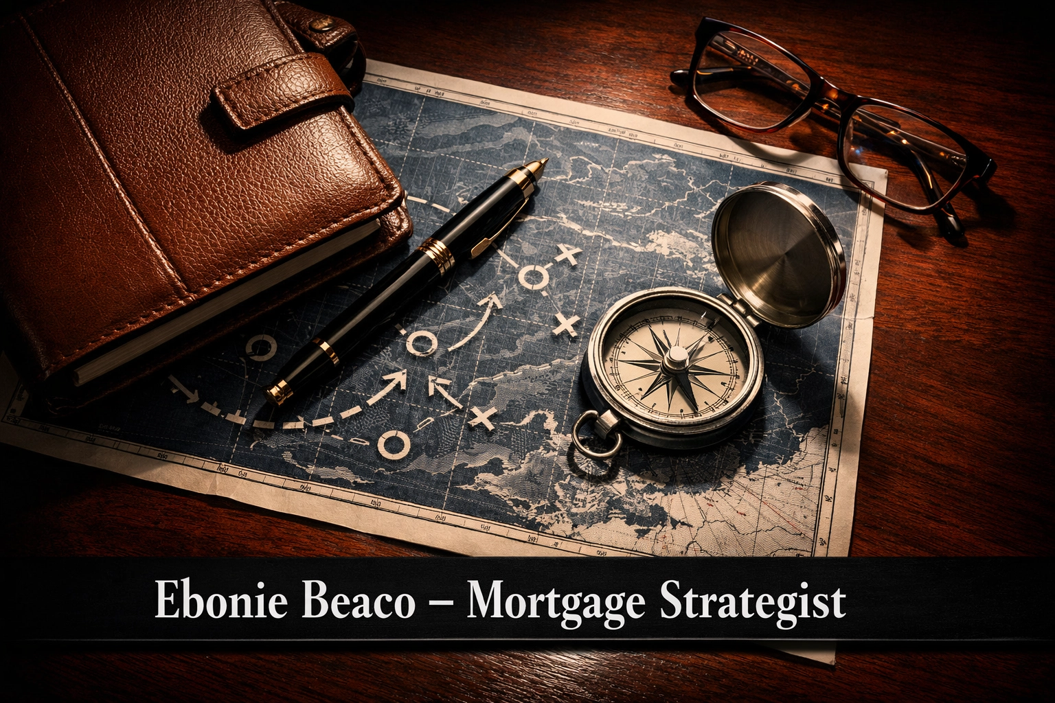 Strategic real estate planning tools including a compass and blueprints for scaling wholesale operations.