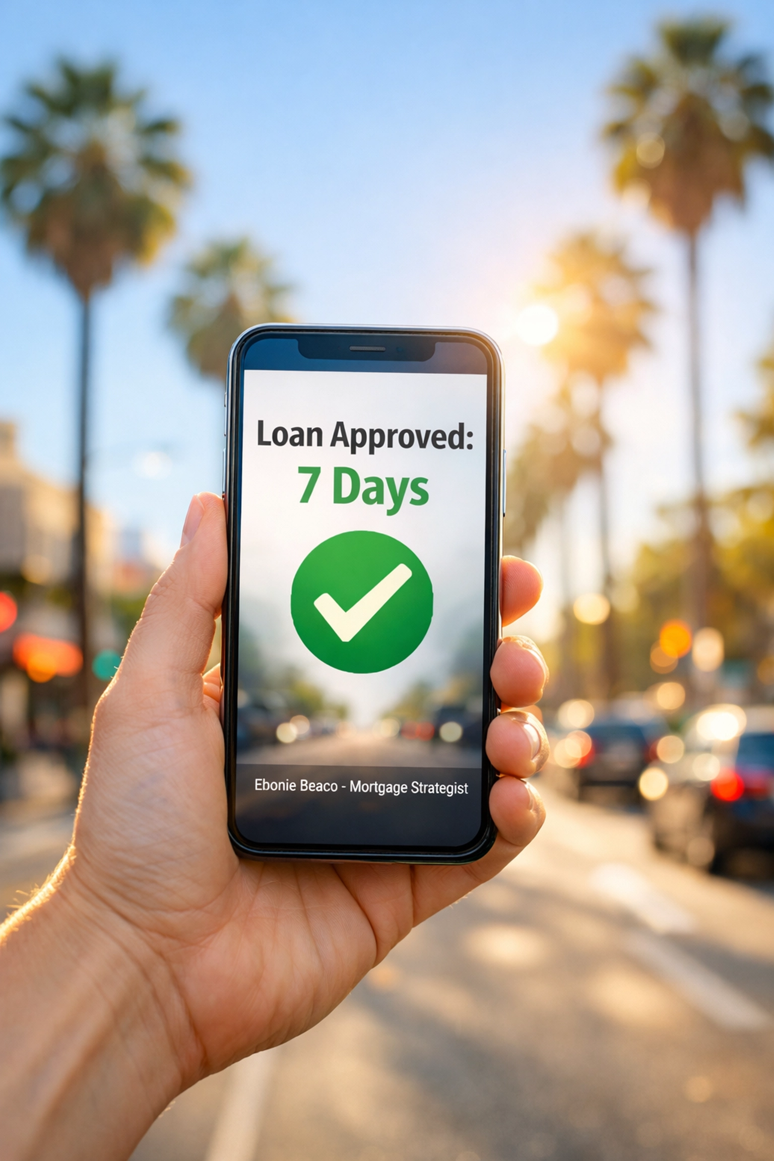 Smartphone screen showing a 7-day California HELOC approval with palm trees in the background.