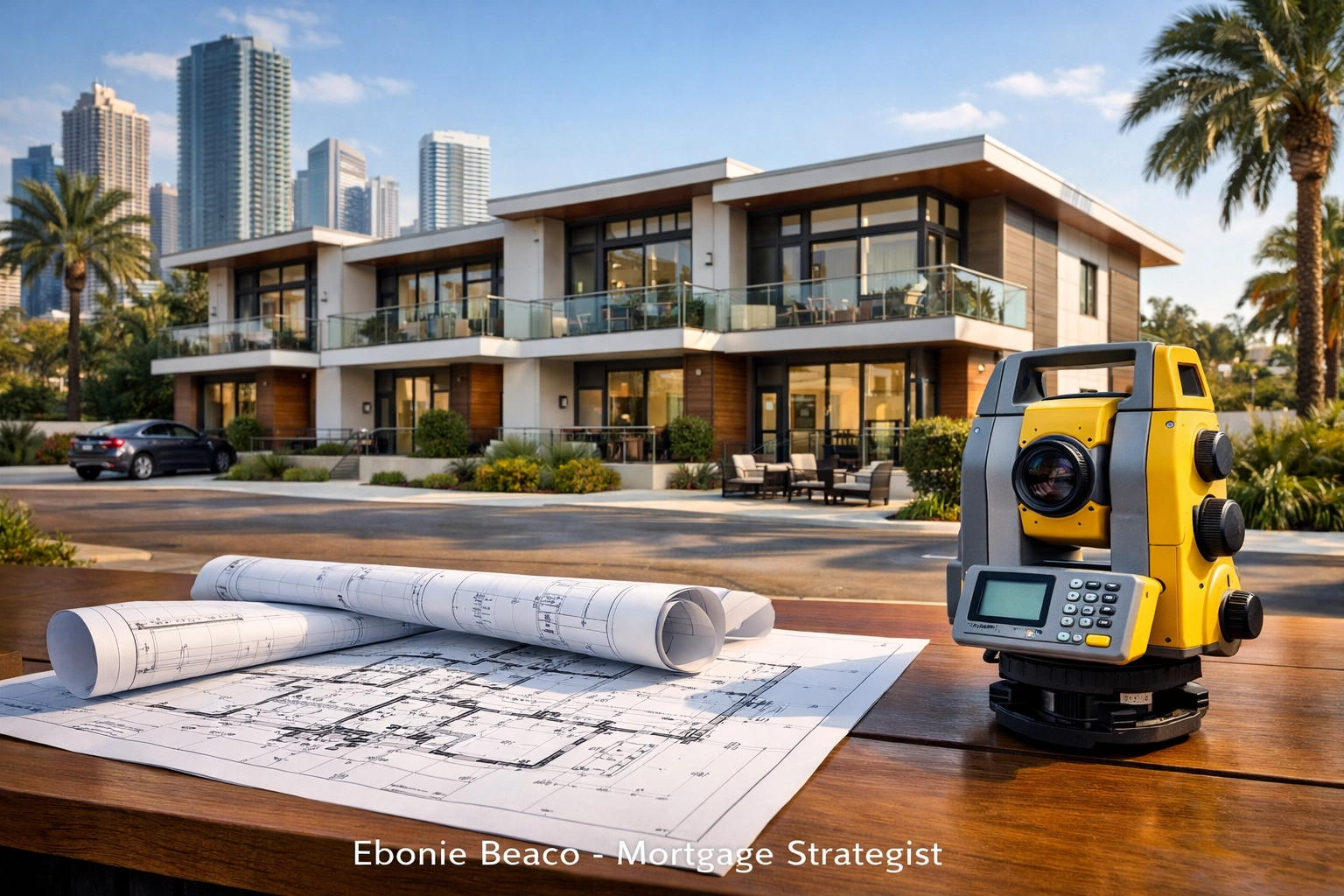 Blueprints and professional tools in front of a modern multi-family investment property.