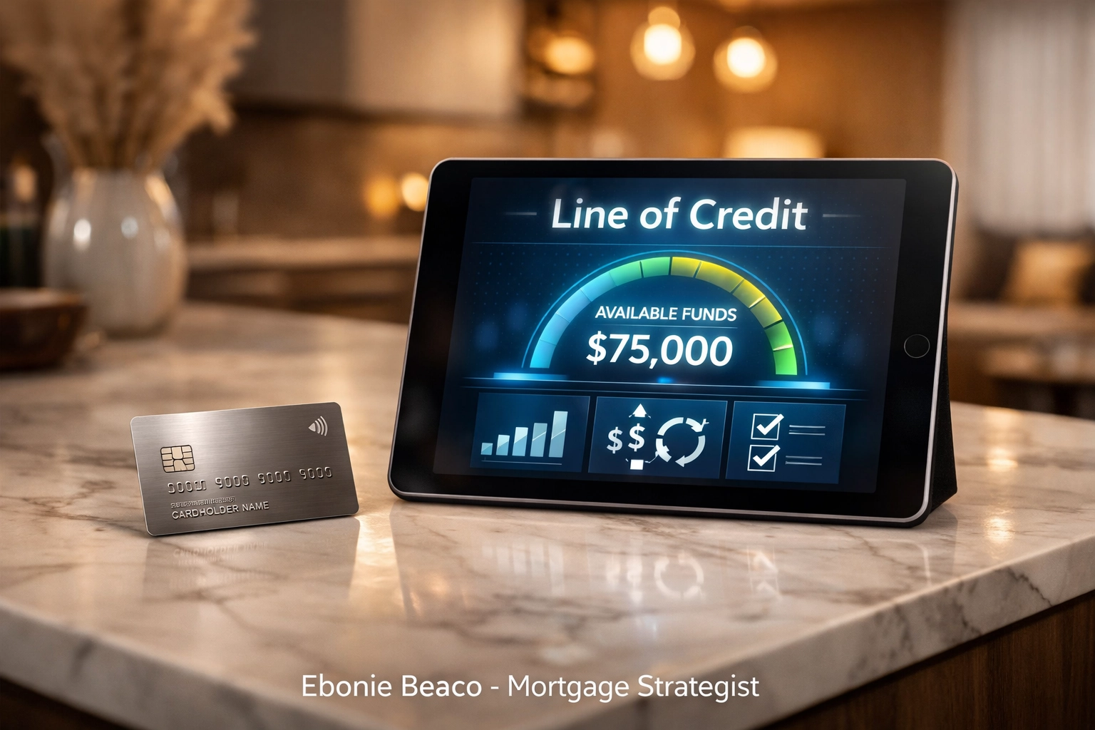 Modern tablet showing a home equity line of credit interface on a kitchen counter.