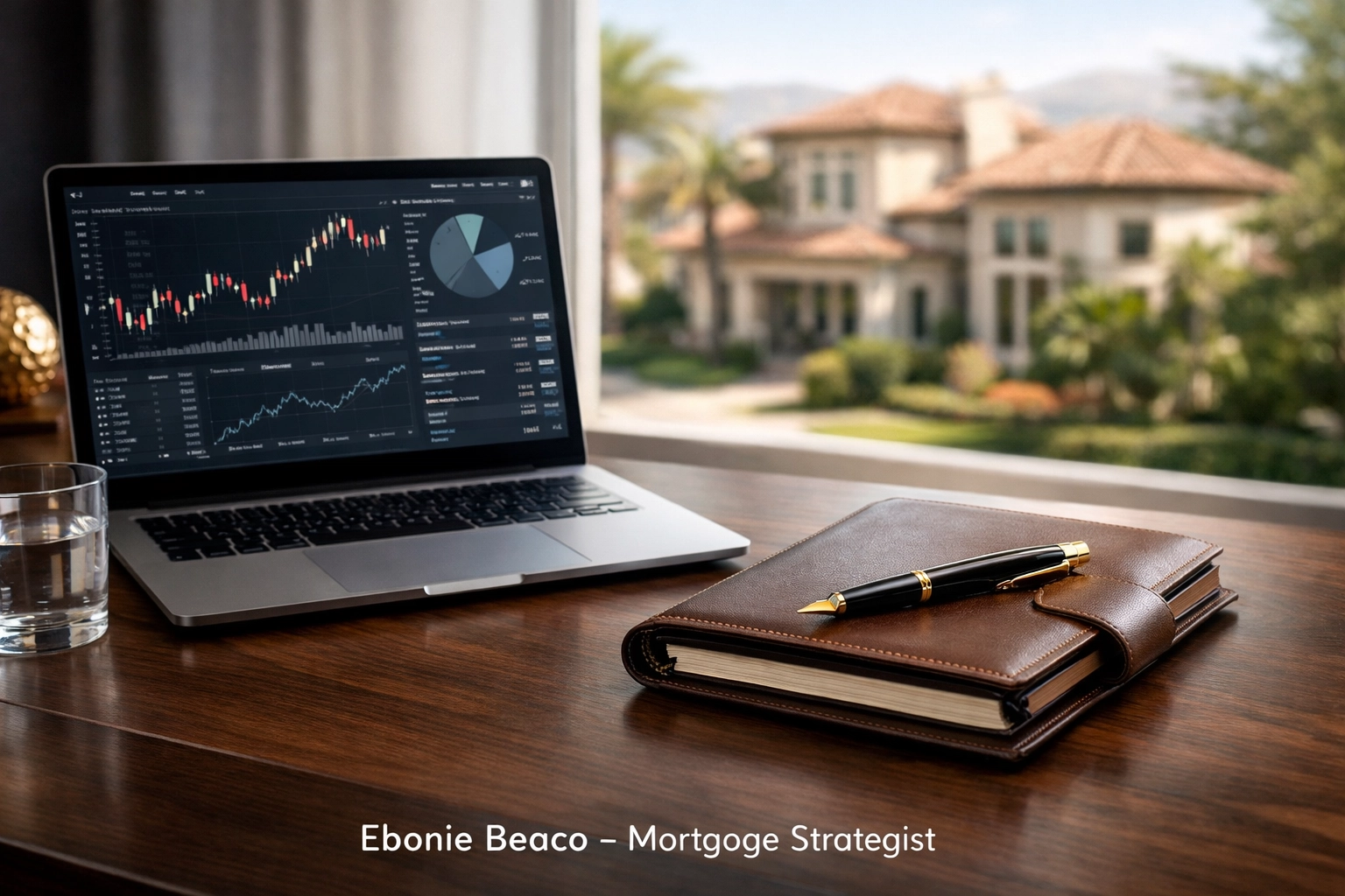 Professional investor workspace overlooking luxury homes, illustrating jumbo loan financial planning.