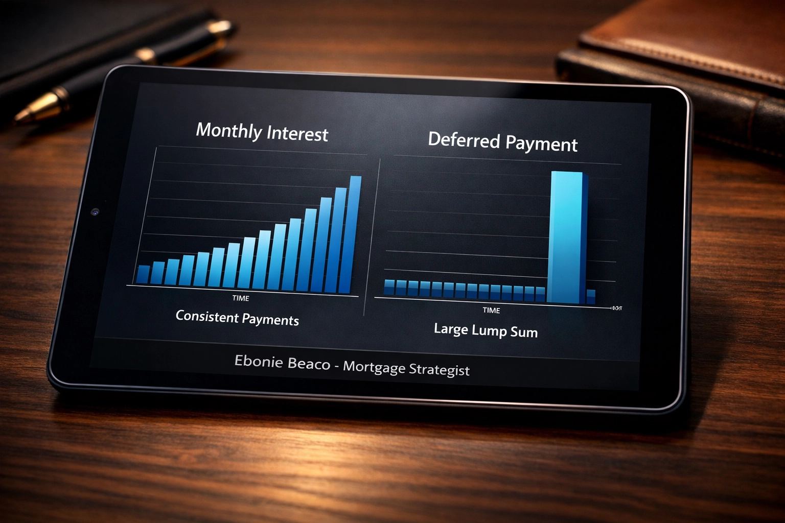 Comparison of monthly interest and deferred payment structures for Atlanta hard money loans on a tablet.