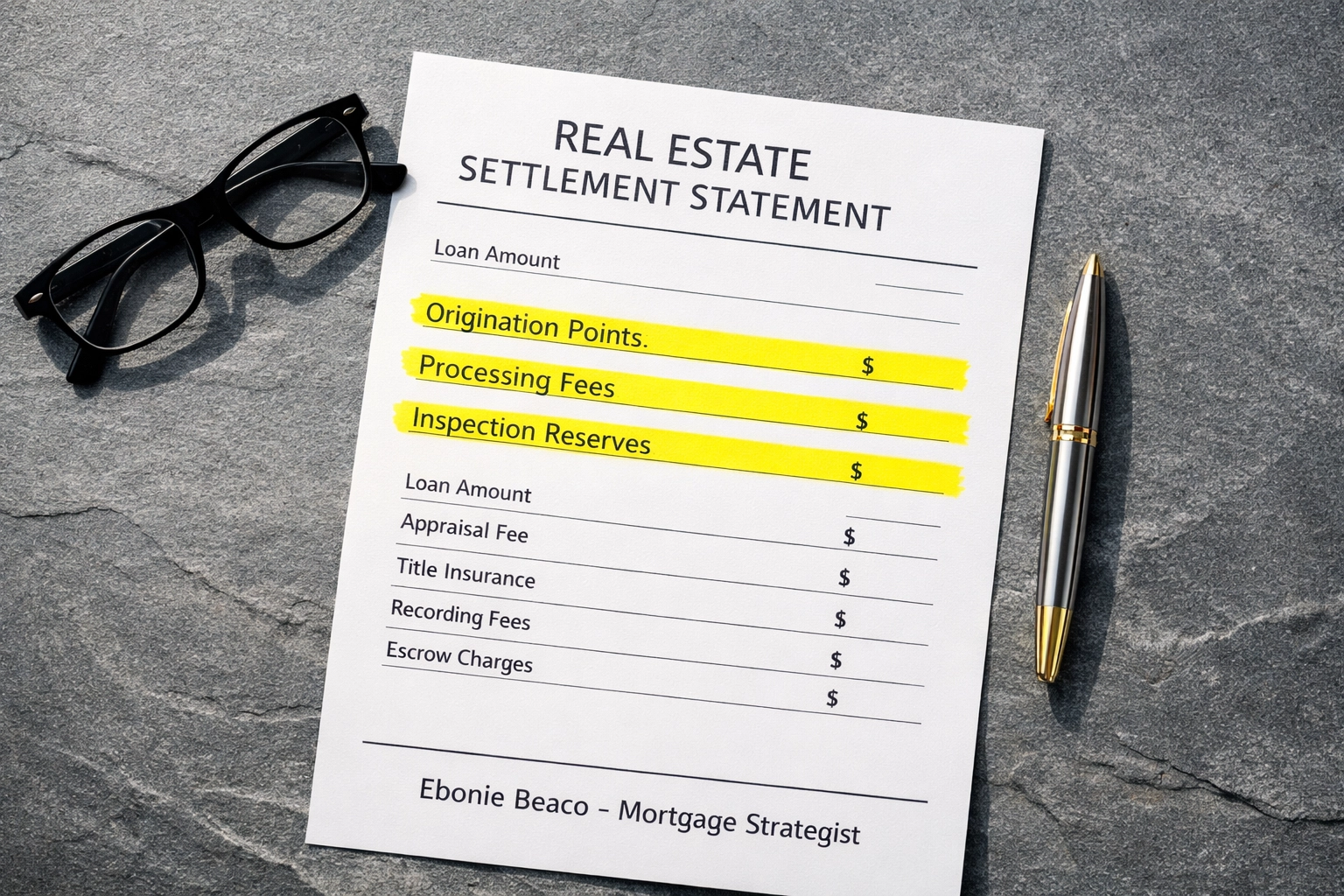 Settlement statement highlighting origination points and fees for fix and flip loans in Atlanta.