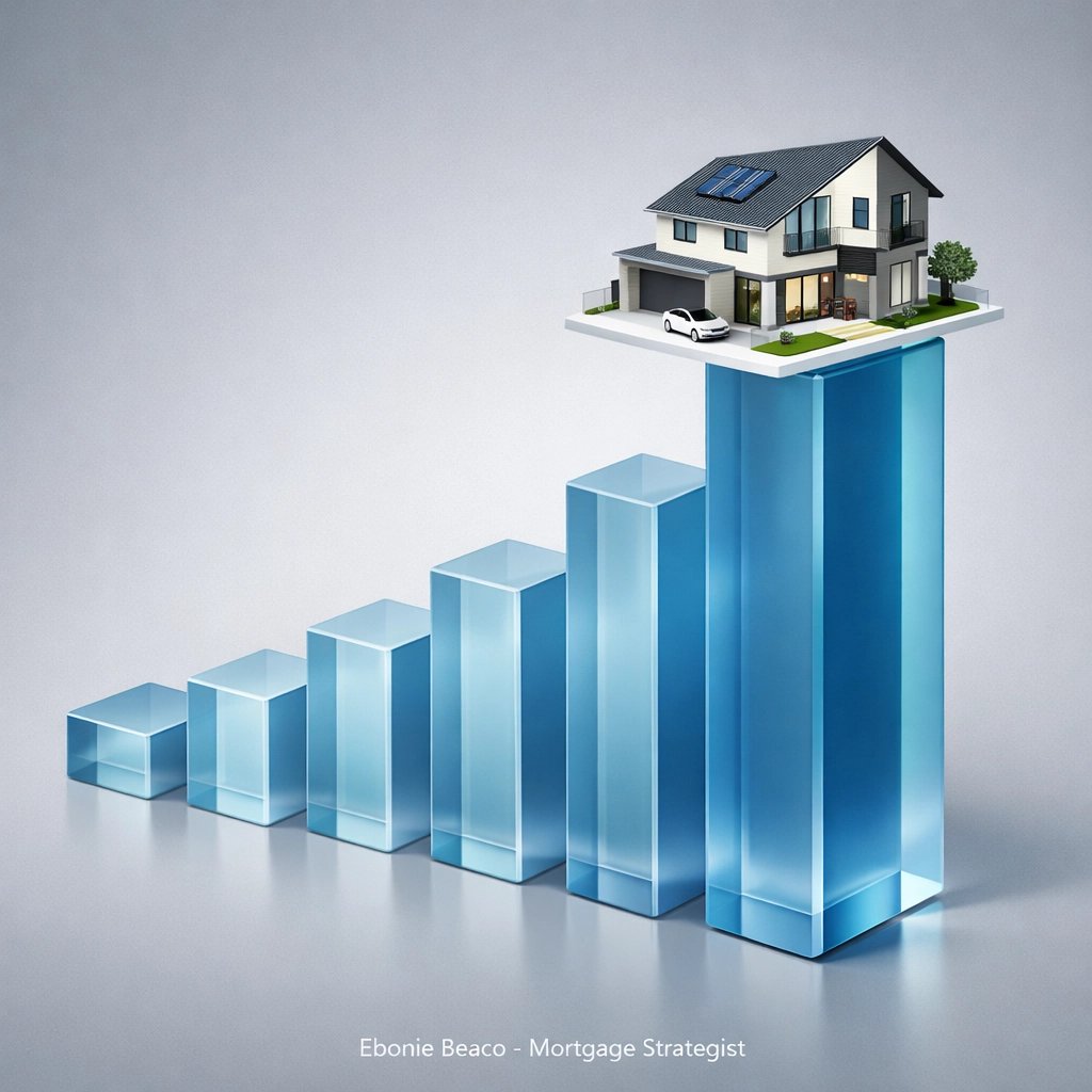 Visual representation of rising regional home equity trends with a house on a growth chart.