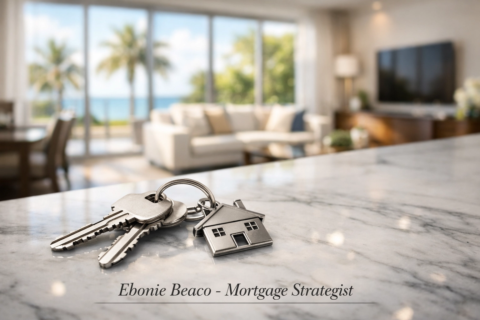 Silver house keys on a marble island in a modern Florida rental property funded by a DSCR loan.